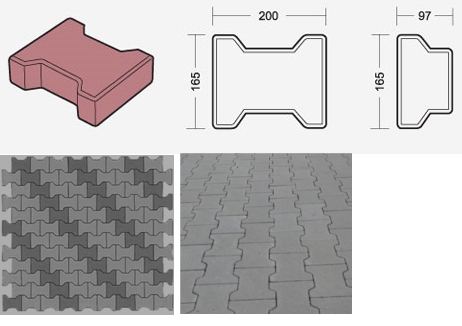 Schemat kostki brukowej typu 'I', wymiary w milimetrach, widok 3D pojedynczej kostki i ułożonej nawierzchni z kostki w dwóch wariantach kolorystycznych.